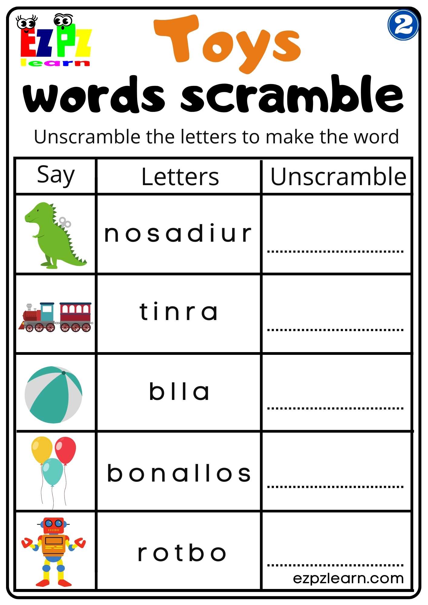 Group 2 Toys Vocabulary Words Scramble Worksheet for K5 and ESL PDF Download